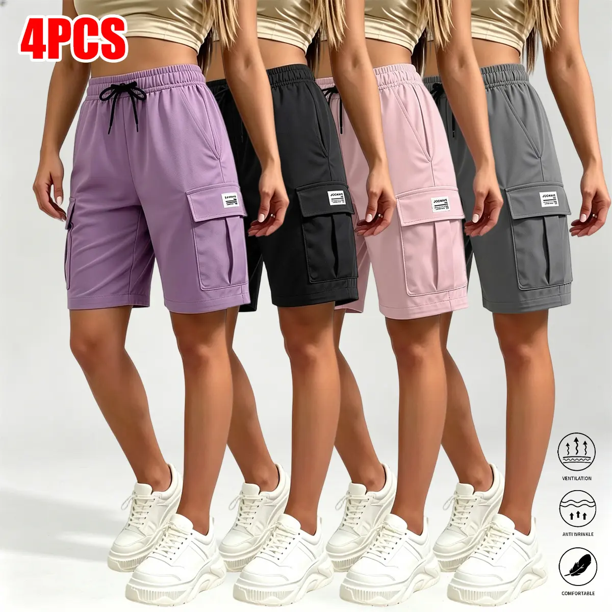 A set of 4 fashionable solid-color women’s outdoor cargo pants, featuring adjustable drawstrings.It’s perfect for everyday casual wear, outdoor sports, workouts, picnics, dates, and many other occasions.