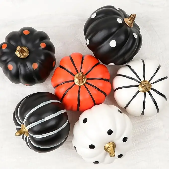 6pc Halloween Pumpkin Decor, Black White Orange Pumpkins Artificial Pumpkins Halloween Decorations Indoor for Crafts Fall Decor for Home Halloween Thanksgiving Decor