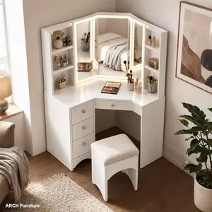 Modern Corner Makeup Vanity Desk Set - Engineered Wood, Adjustable Brightness LED Lighting Folding Mirror with Rotating Arm, Vanity Set with Chair, Large Storage for Small Spaces, White Corner-Fit Dressing Table