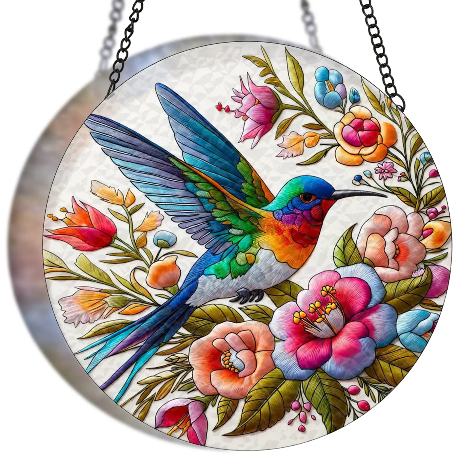 Hummingbird Suncatcher Stained Glass Window Hanging 7.8''Hummingbirds Flowers for Sun Catchers Indoor Window Wall Art Home Decor Gift Painted Glass Panel