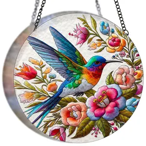 Hummingbird Suncatcher Stained Glass Window Hanging 7.8''Hummingbirds Flowers for Sun Catchers Indoor Window Wall Art Home Decor Gift Painted Glass Panel
