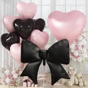 30Inch Pink Black Heart Balloons, Bow Foil Balloons 10Pcs 38" Black Bow-knot Balloon with 18" Baby Pink Heart Shape Balloon for Women Birthday Bachelorette Wedding Bridal Engagement Party Balloons Decorations Heart Shaped Balloons