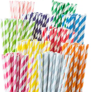 Biodegradable Straws - 200 Pack Striped - Durable Eco-friendly Non-soggy Paper Straws for Drinking and Crafts in Vibrant Colors
