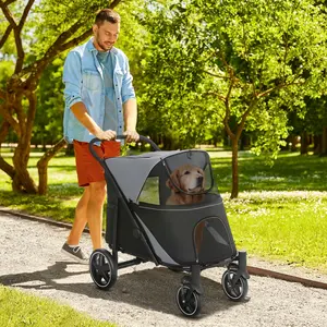 Gray Folding Pet Stroller for Large Medium Dogs 44 Inch Long Frame Ventilated Interior Storage for Travel Accessories for City Walk Weekend Outing