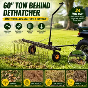 Behind Dethatcher 60 inch Pull Behind Lawn Rake 24 Steel Tines Heavy Duty Thatch Remover with Lift Handle for ATV UTV Riding Mower Tractor Leaf Yard Debris Pine Needle Cleaner Acreage Garden Cultivator1