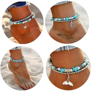 Blue Turtle Anklets for Women Multilayer Beads Handmade Beach Ankle Bracelet Set Boho Foot