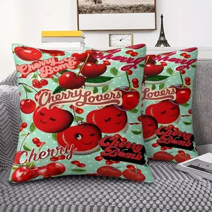 Vibrant Cherry Throw Pillow with Digital Print, 45cm Square Cushion Includes Pillow Insert Featuring Playful Smiling Cherries and Expressive Faces, Perfect for Fun Home Decor, Zipper Closure, Soft & Comfortable for Bedroom & Living Room
