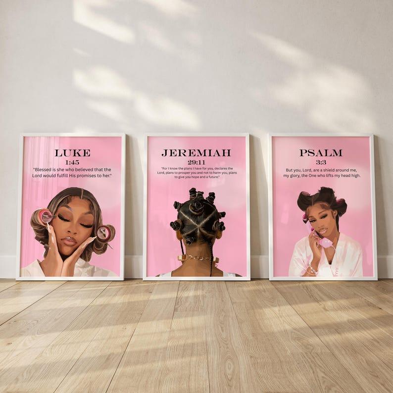 Set of 3 Pink Bible Verse Print; Christian Black Girl Wall Art #677899
