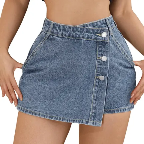 Aswulk Women's High Waisted Button Front Denim Skort Asymmetrical Hem Skirt Shorts