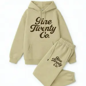 The Signature Set by 9ine Twenty Co. - Oat Milk Hoodie & Jogger Set with Espresso Logo, French Terry, 350 GSM, Ultra-Soft Fleece Lining, Elevated Comfort, Relaxed-Luxe Silhouette