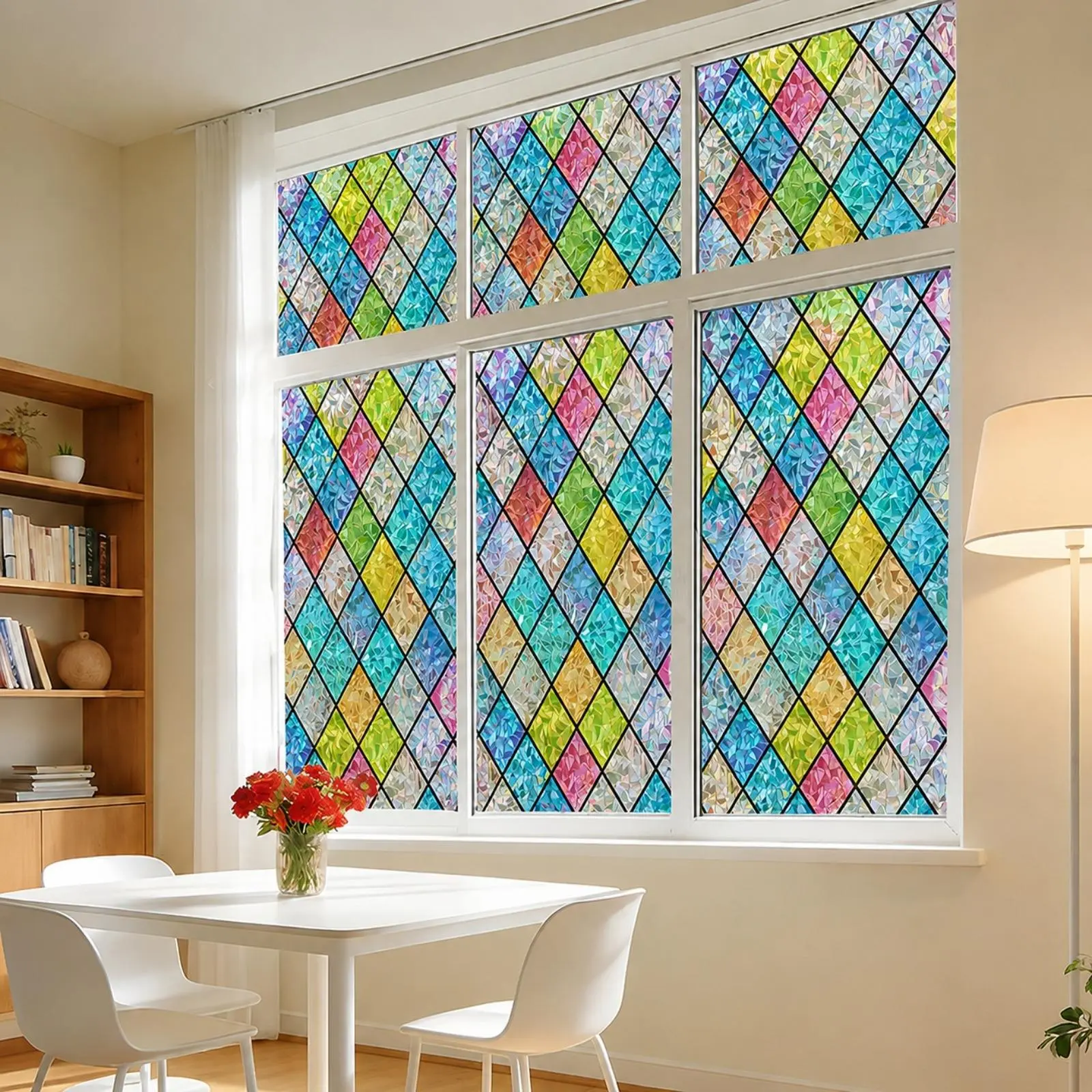 Rainbow Diamond Static Cling Glass Window Film, Non-Adhesive Smooth Colorful Privacy Covering, Iridescent Diamond Pattern, PET/PVC Material, Semi-Transparent Light Filtering for Home & Office, Removable Reusable Decorative Sun Blocker, Anti-Static