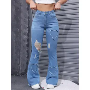 Stylish heart embroidered flare leg stretchy jeans-ripped raw hem, soft denim fabric, comfortable fit, women's fashion denim pants & Clothing