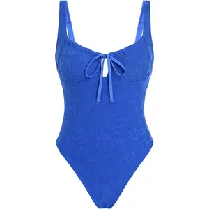 Blue Gingham Tie Around Criss Cross Backless Plunging Neck One-Piece Swimsuit