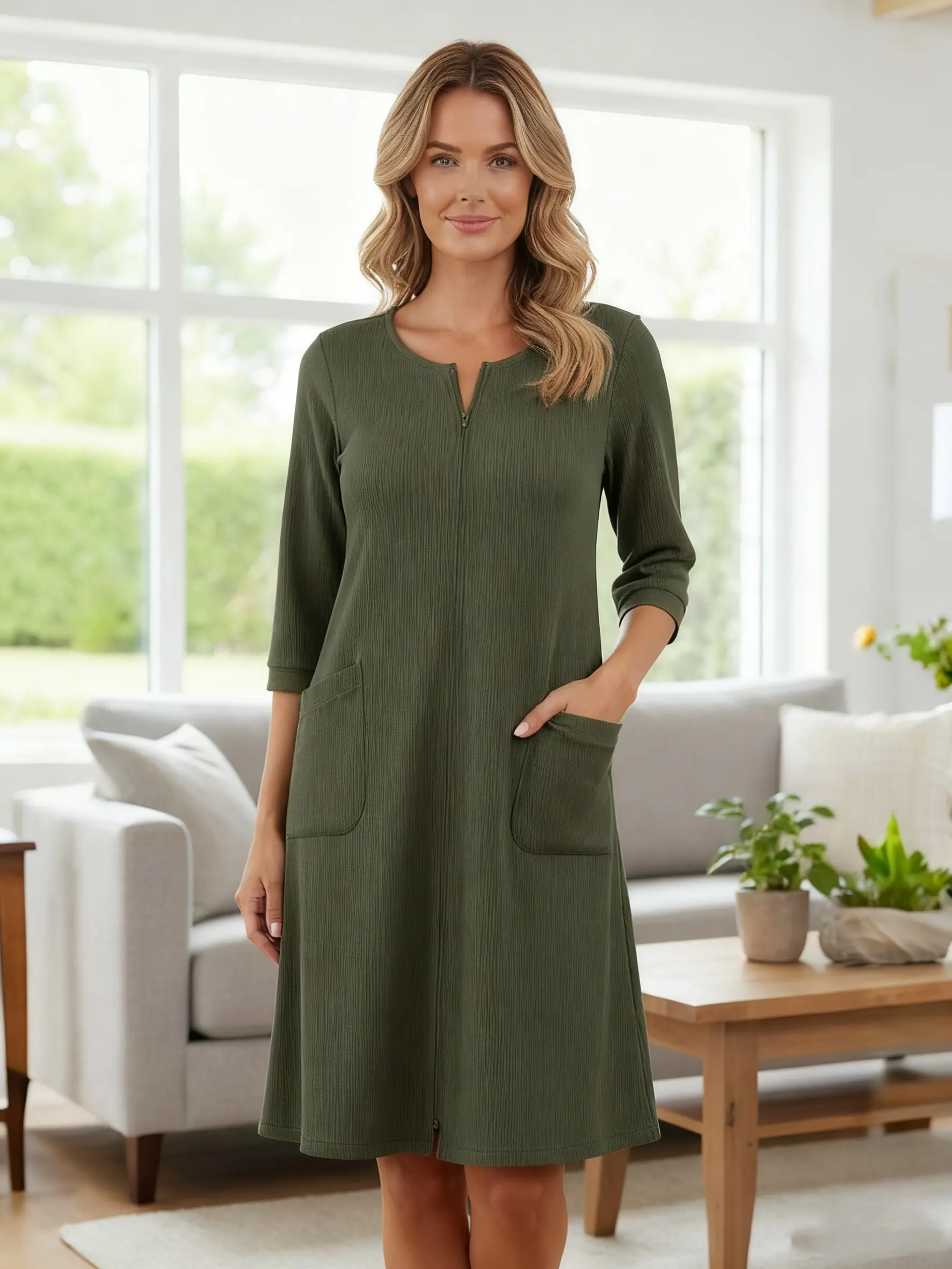 Zip Up Robes for Women Short Waffle Bathrobe Lightweight Knee Length Housecoat with Pockets Nightgown S-3XL