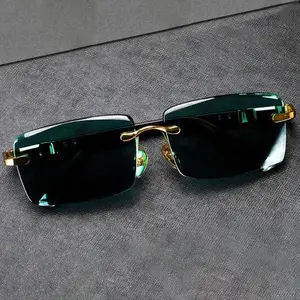 Men's Retro Frameless Sunglasses, Resin + Metal Frame with Crystal Stones & Leopard Print, UV-Protective Lenses, 145mm Width Fashion Eyewear for Cycling & Driving,summervibes