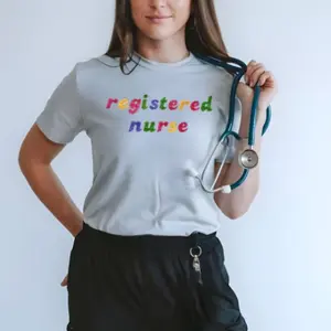 Dopeass Nurse Colorful Registered Nurse T-shirt - 100% Cotton, Machine Washable, Casual Graphic Print, Short Sleeve, Fitted Style - Comfort