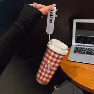 Coffee mug ~ 530 ml / 17.92 oz insulated mug，Paddington Bear with Hearts Red Gingham Pattern PrintDouble-walled, leak-proof, travel mug with handle; perfect for coffee lovers, art enthusiasts, sports enthusiasts, and those seeking a gift.