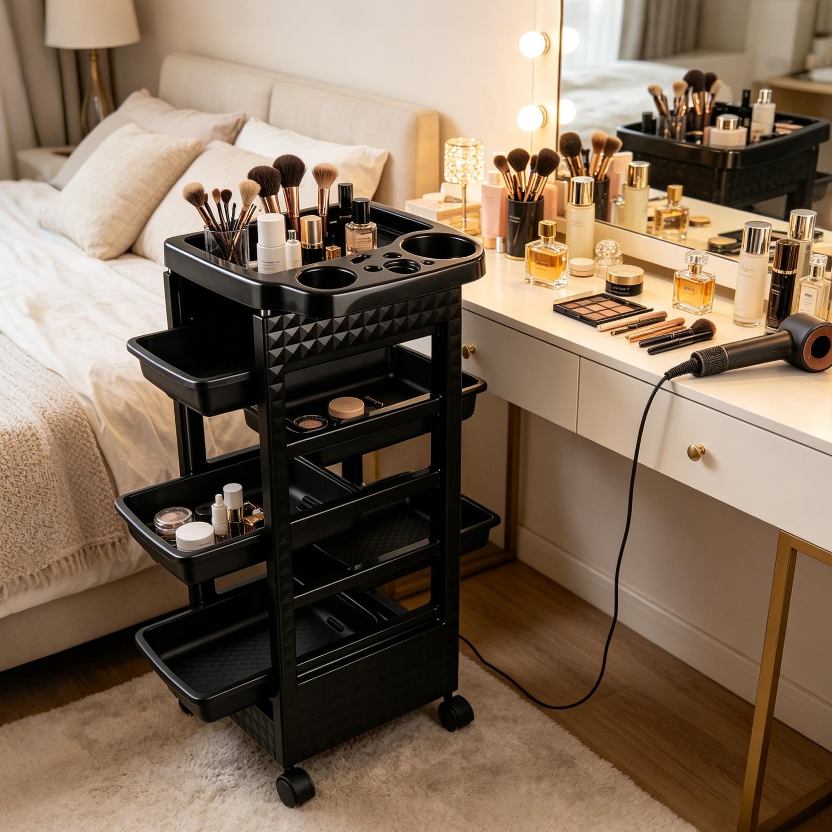 5-Tier Rolling Plastic Salon Organizer Cart - Heat-Resistant PP, Expandable Racks, Hair Dryer Holder, Bidirectional Pull-Out Trays, 360° Silent Wheels, Matte Black, for Barbers & Home Makeup Vanity (Makeup Products Storage, Rolling Cart Organization), Dia