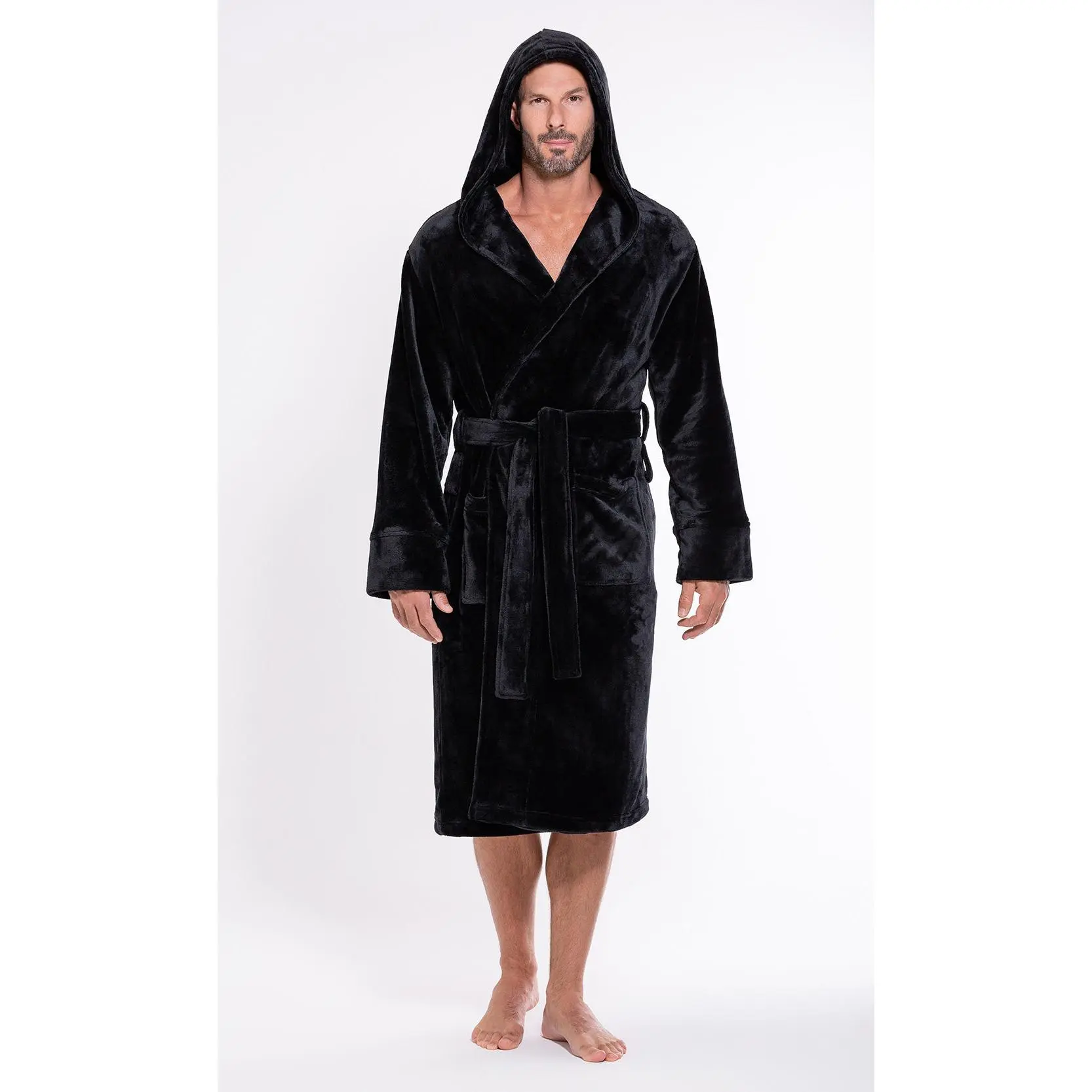 Turquaz Plush Fleece Hooded Long Mens Robe Soft Warm Lightweight