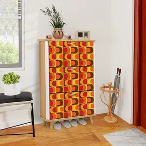 Retro Mid Mod Shoe Storage Cabinet, Orange Yellow, Brown Groovy 70s Design