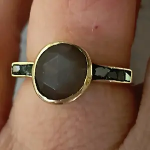 14 Karat Gold Plated Sterling Silver Gray Moonstone and Diamond Chips Ring
