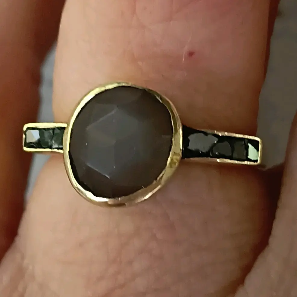 14 Karat Gold Plated Sterling Silver Gray Moonstone and Diamond Chips Ring