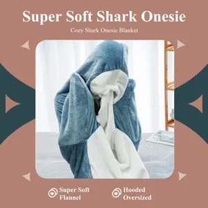 Shark Sleep Pajamas Onesie Blanket Super Soft Flannel Hooded Oversized Wearable Blanket Cozy Shark for Kids Adults Womenswear Loungewear Nightwear Basic Home Sleeping Bag Costume Everyday Homewear Long Sleeve Minimalist