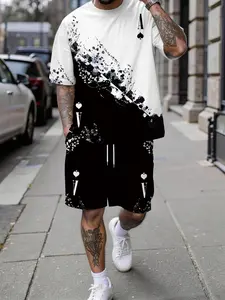 Men's Spring and Summer Casual Short-Sleeve Set, Black and White Splatter Ace of Spades Poker Print Trendy Men's Set, Short-Sleeve T-Shirt + Casual Shorts Two-Piece, Slim-Fit Summer Fashion Men's Two-Piece
