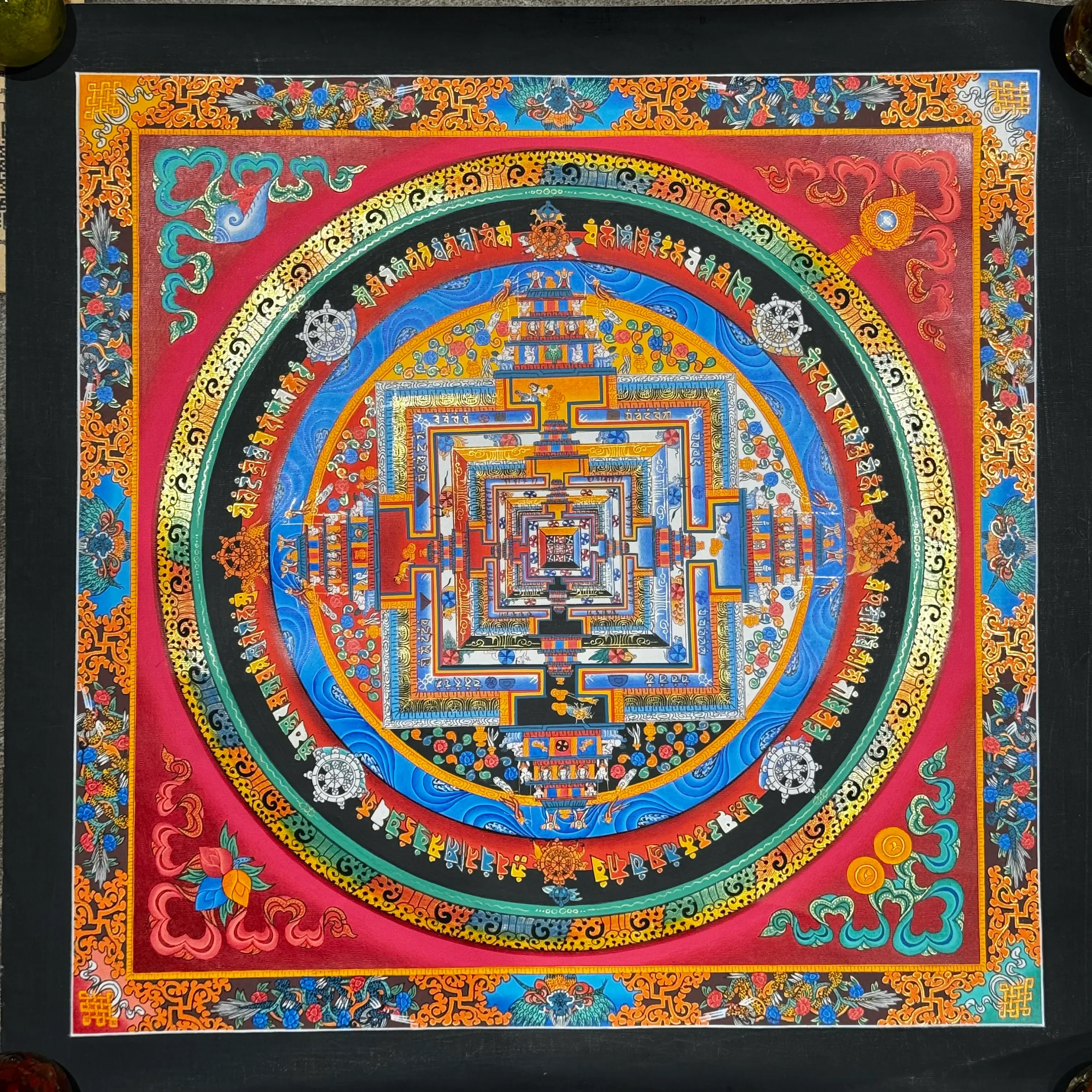 Master Quality Kalachakra Mandala Thangka Art - 24K Pure Gold with Red Background, Handmade Thanka Painting | Whispers of Enlightenment