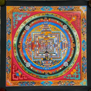 Master Quality Kalachakra Mandala Thangka Art - 24K Pure Gold with Red Background, Handmade Thanka Painting | Whispers of Enlightenment