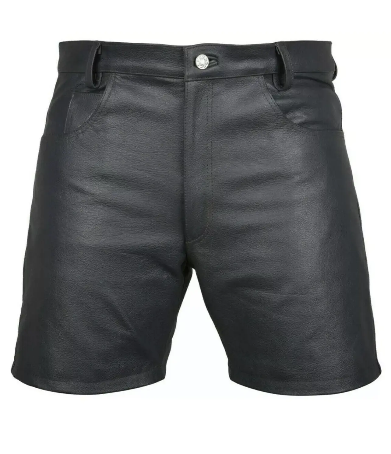 Mens, Cow Leather Shorts Black Casual 5 Pockets Short Zipper Fly Real Leather Black Menswear Soft Biker Gym Sports Underwear Tropical