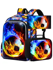 3PCS Boys Soccer Backpack, Kids Fire Bookbag with Lunch Box, 17" School Bag for Teenagers Elementary Middle