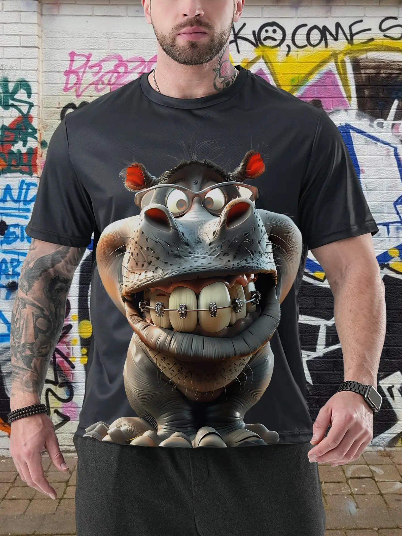 Men's Laughing Hippo Print Short Sleeve T-Shirt, Outdoor Sports Casual Running Top, Fashionable Athletic Style All-Season Wear, Versatile Summer Tee
