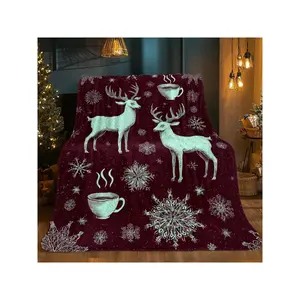 Festive Burgundy Plush Throw Blanket with White Reindeer, Snowflakes, and Steaming Hot Cocoa Designs