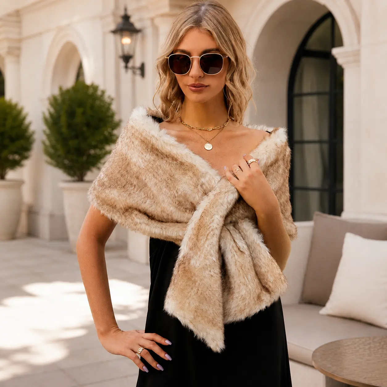 Luxury faux fur shawl, elegant women's winter wrap cape