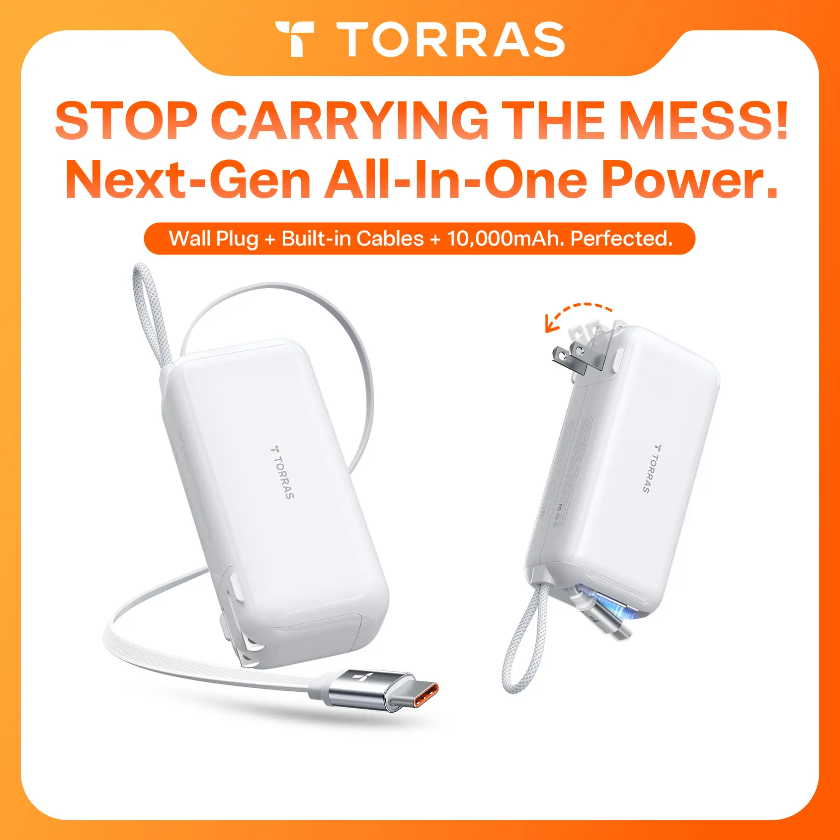 TORRAS EasyGo 10000mAh Portable Charger 45W Fast Charging Power Bank with 39'' Retractable USB-C Cable & Foldable Plug for iPhone 17-12 & iPad Smartphone Accessories, Travel Essential Giftidea summerwins