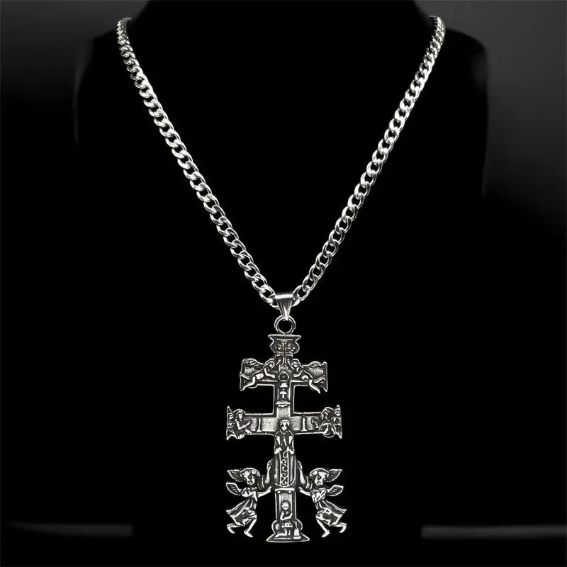Catholic INRI Caravaca Cross Jesus Crucifix Cherub Angel Necklace for Women Men Stainless Steel Orthodox Russia Jewelry Gift
