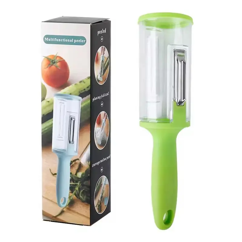 Pelador de verduras y alimentos con almacenamiento, fácil de usar.