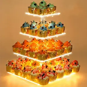 4 Tier Cupcake Stand Acrylic Tower Display with LED Light Premium Holder Dessert Tree Tower for Birthday Candy Bar Décor Weddings, Parties Events