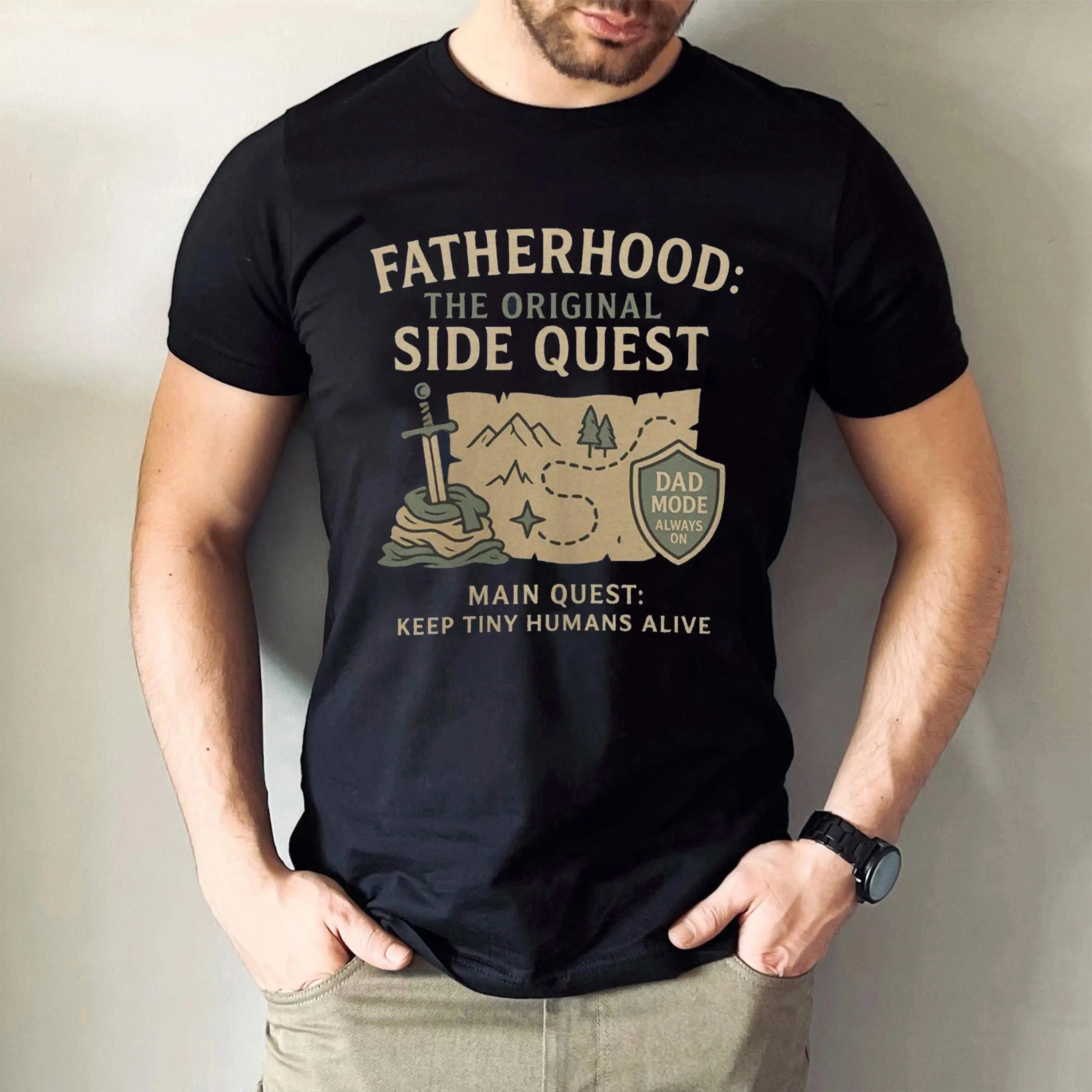 Nerdy Humor Dungeons and Dragons Dad Top, Casual Round Neck Short-Sleeve T-Shirt, Fatherhood Side Quest RPG Father's Day Gift for Gamer, Shortsleeve, Gaming Gift
