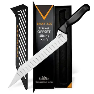 SpitJack BRSKT 2.0S Smoked BBQ Brisket OFFSET Slicing and Carving Knife. 7Cr17MoV Stainless Steel Stay-Sharp Granton Edge. Non-splip Thermoplastic Elastomer Handle. Molded sheath for edge protection. Custom designed for brisket.