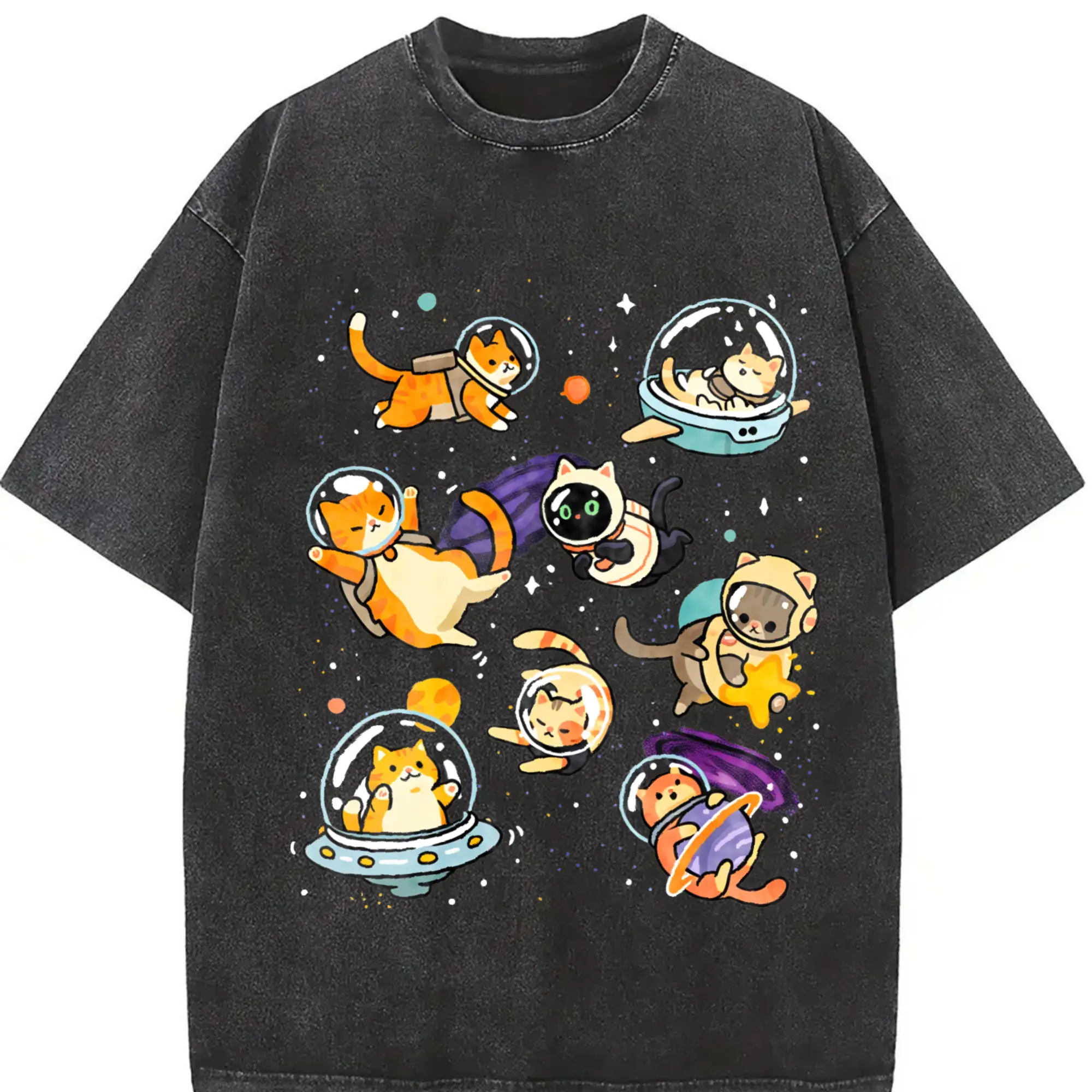 Women's Loose Fit Oversize Unisex 3XL Casual Round Neck Short-Sleeve Streetwear T-Shirt - Humorous Galaxy Cat Astronaut Print, 220G Lightweight Fabric, 2025 Summer Top, s Size, Cold Wash Safe, Covers Gym Wear