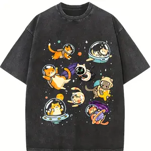 Humorous Galaxy-Themed Cat Astronaut T-Shirt Featuring Cats in Space, Suitable for Both Men And Women, Perfect for Summer 2025 with a Lightweight 220G Fabric