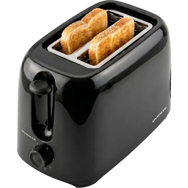 OVENTE Classic Corded 2-Slice Electric Toaster (TP2210B, Black) - 6-Shade Settings, Compact Fit Design, Heat Resistant, Removable Crumb Tray, 700W for Small Kitchens, Bread, Thin Bagels, Waffles