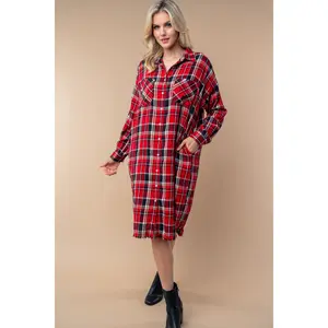 Button Down Plaid Woven Shacket - Red - Full