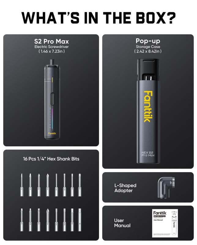 Fanttik S2 Pro Max Electric Screwdriver, Cordless Screwdriver Set, 7 Torque Settings, 0.5 to 6N.m, 16 Magnetic Bits, 1/4''Hex Shank, with 90° Angle Adapter, for Furniture, Household Repairs