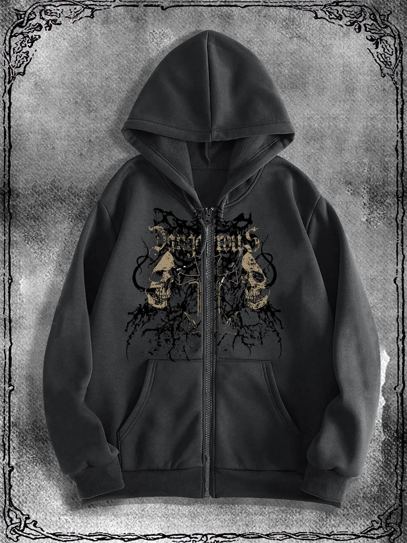 Men's Thorns & Skull Print Zip Up Gothic Style Hoodie, Regular Fit Casual Graphic Streetwear Street Long Sleeve Graphic Hooded Sweatshirt for Daily Wear, Men's Clothes for Fall & Winter, Casual Fitted Sweatshirt, Fashion Hoodies, Tops