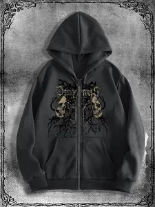 Men's Thorns & Skull Print Zip Up Gothic Style Hoodie, Regular Fit Casual Street Long Sleeve Graphic Hooded Sweatshirt for Daily Wear, Men's Clothes for Fall & Winter, Casual Fitted Sweatshirt, Tops