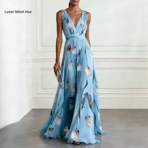 New Deep V-neck Casual Printed Dress with Large Hem