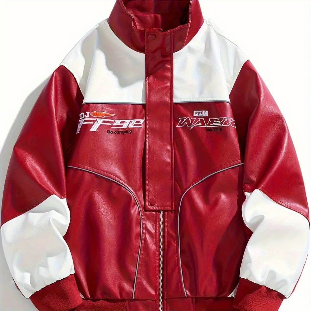 Men's Letters Print Color Blocking Lapel Collar PU Leather Jacket Cool Street Style Retro Classic Racer Motorcycle Streetwear Collared Coats Long Sleeve Fitted All Seasons
